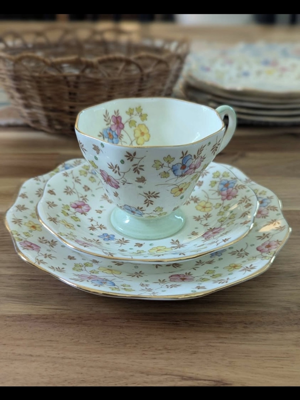 E.B. Foley Bone China Tea Cup Trio Set Floral Chintz Mint Green Gold Trim